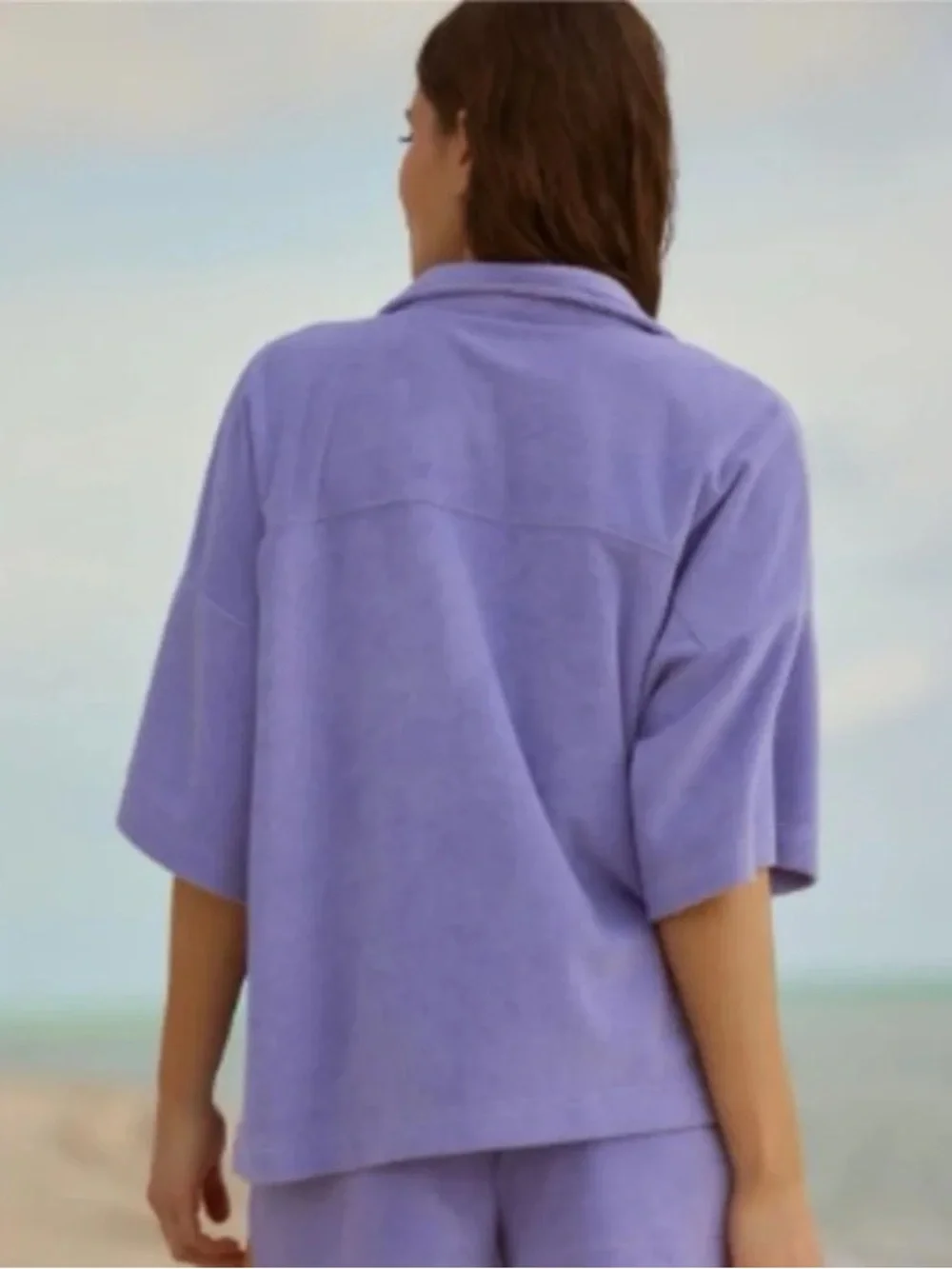 Anthropologie Lavender Purple Terrycloth Oversized Boxy Button Down Top Medium - Picture 3 of 12